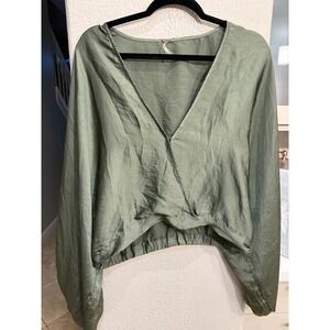 Free People Satin Green V Neck Gathered Waist Long Bell Sleeve Crop Top Size L